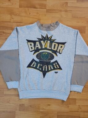 Vintage Baylor Bears Gray Mens Medium Crewneck Sweatshirt Brown Ringer & Sleeves
